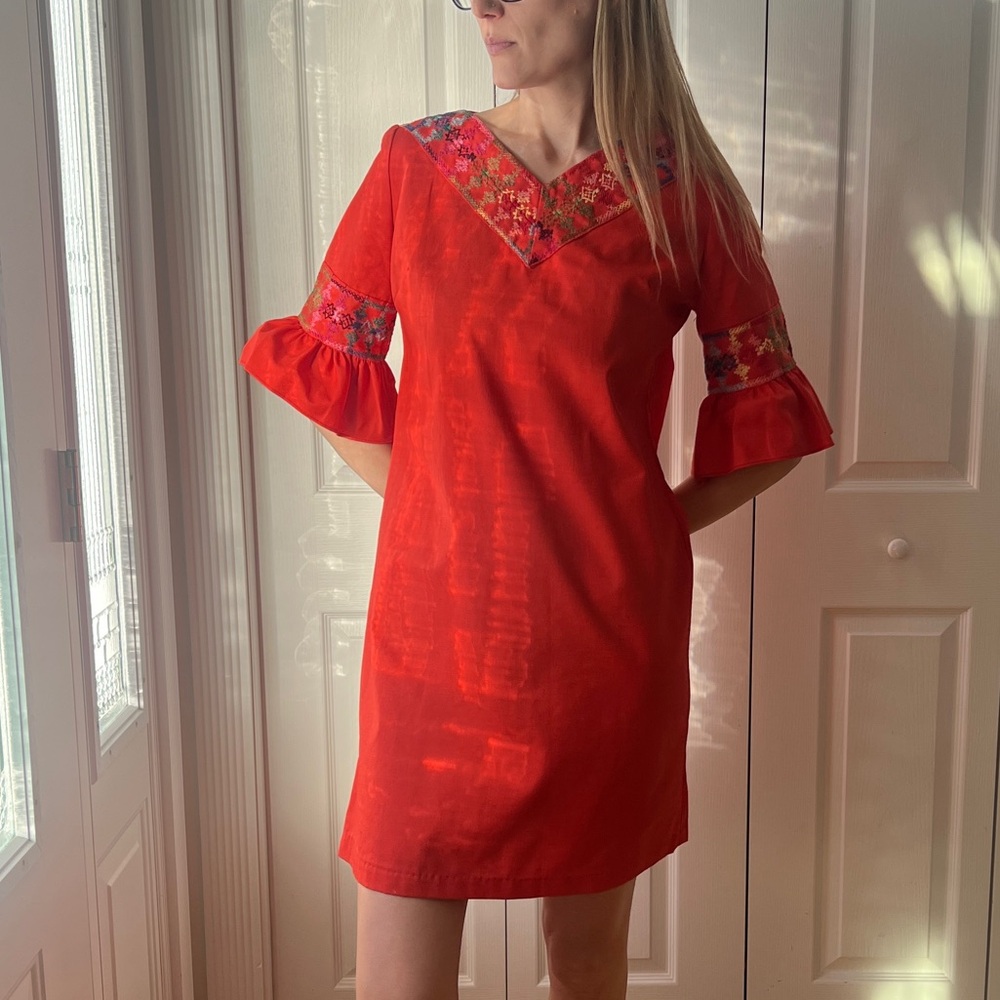 1960/1970’s Red Shift Dress with Cross Stitch Trim